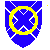 Azure, a saltire voided argent, overall an annulet Or
