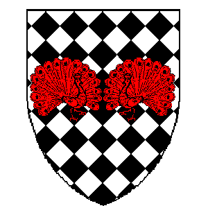 Lozengy argent and sable, two peacocks
 respectant, martletted and in their vanity, gules
