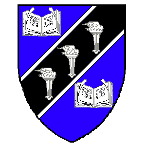 Blazon: Azure, on a bend sinister
 sable fimbriated between two open books, three torches palewise argent