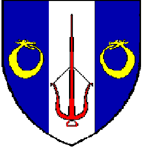Blazon: Azure, on a pale argent between two snakes
 involved in annulo respectant Or, a bow gules