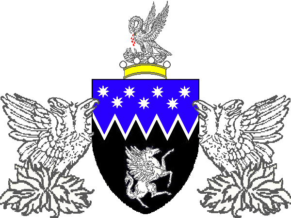 Blazon: Sable, a pegasus rampant to sinister argent, and a chief indented azure,
 fimbriated, sem� of compass stars argent