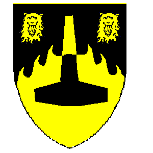 Blazon: Per chevron rayonny sable and Or,
 two lion's heads cabossed and a Thor's hammer counterchanged