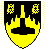 Per chevron rayonny sable and Or, two lion's heads cabossed and a Thor's hammer counterchanged