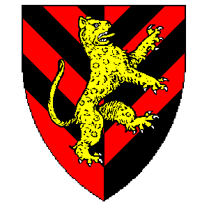 Blazon: Chevronelly inverted counterchanged 
 gules and sable, a leopard rampant to sinister or