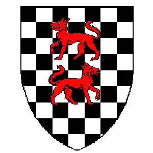 Blazon: Chequy sable and argent, in pale a wolf passant
 and a wolf passant to sinister gules