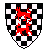 Chequy sable and argent, in pale a wolf passant and a wolf passant to sinister gules