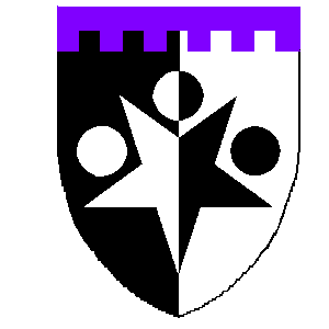 Per pale sable and argent,
  a mullet inverted between in chief three roundels,
  one and two, all counterchanged, in chief embattled purpure (Unregistered)