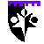 Per pale sable and argent, a mullet inverted between in chief three roundels, one and two, all counterchanged,
 in chief embattled purpure