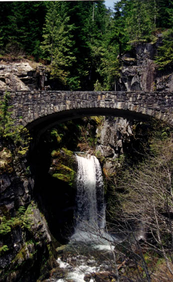 Christine Falls, framed with a stone bridge