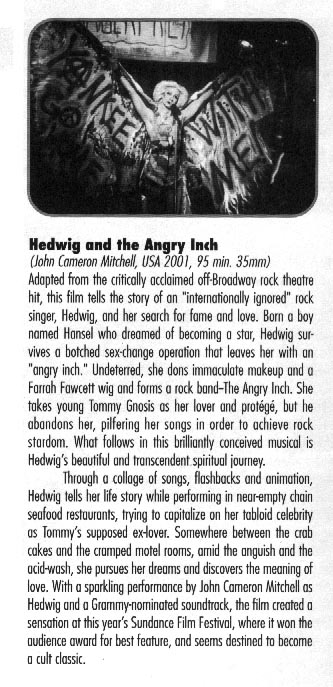 &quot:Hedwig and the Angry Inch" write-up in the Gay and Lesbian Film Festival booklet