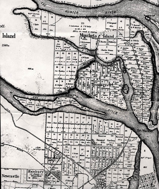 Map showing the Ash, Moscheto, Dempsey and Spit Islands as well as Mayfield and Waratah, 1890s