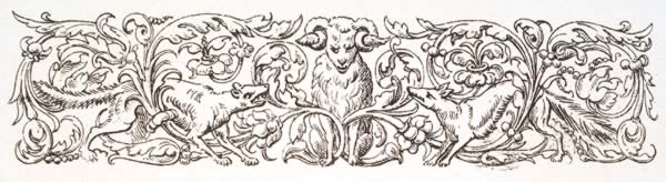 Woodcut of the sheep among the wolves