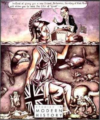 [David Reynolds, Britannia Overruled. Bild&uuml;ber- und -unterschrift: Statt eines neuen Dreizacks wird US-Au�enminister Rusk Dir, Britannia, das Recht geben, weiterhin den Titel 'Gro�' zu f&uuml;hren - Studien in moderner Geschichte]