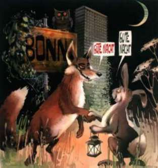 [Fuchs und Has' sagen einander gute Nacht vor Bonner Stadtschild]