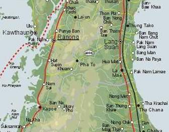[Der Isthmos von Kra. Rot gepunktet: Die Staatsgrenze zwischen Thailand und Myanmar/Barm#257;]