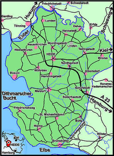 [Karte von Dithmarschen: oben die Eider, unten der Kaiser-Wilhelm-Kanal - heute Nordostsee-Kanal]