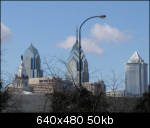 Entering Philly---Billy Penn atop city hall, twin towers (left 2 of 3) behind him