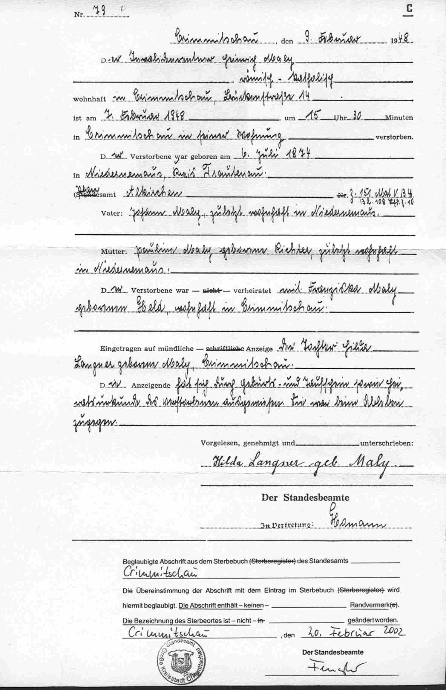 Auszug aus dem Sterberegister, Standesamt Crimmitschau 
