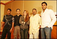 Mani Ratnam with YUVA stars at the pressmeet. (Pic from Rediff.com).