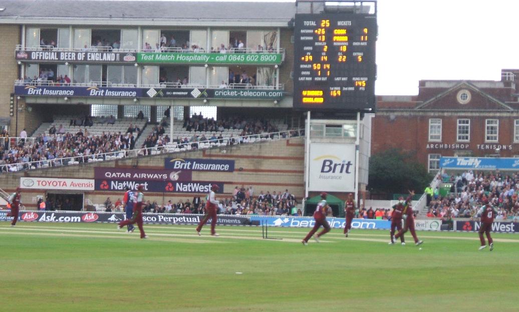 Alistair Cook's middle stump is flattened by Darren Powell; Cook departs with England 25-1