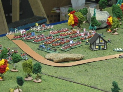The British forces lead the allied forces on to the field. Dannish just behind and the Dutch from the woods at top right.