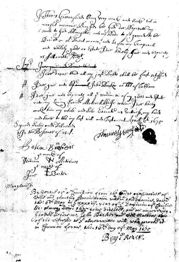 Scan copy of Thomas Greenfield Will