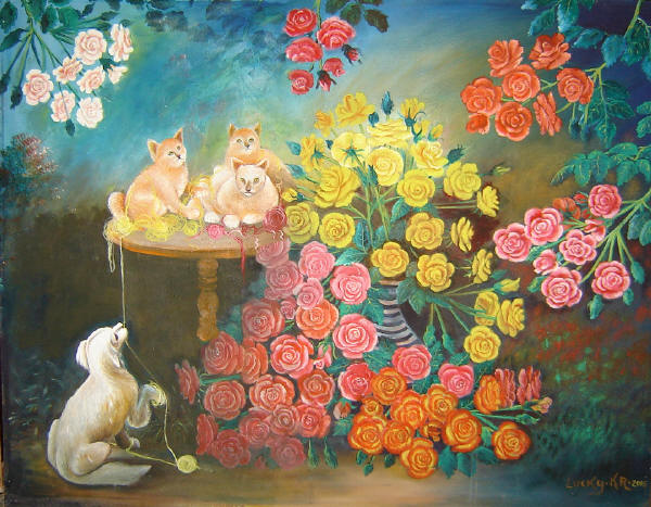 Funny Cats and Dog with the Roses painted by West Papuan artist Lucky Kaikatui