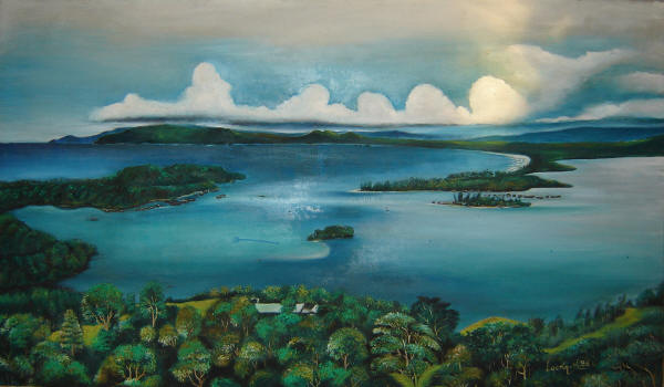 Panorama of Yotefa bay painted by West Papuan Painter Lucky Kaikatui
