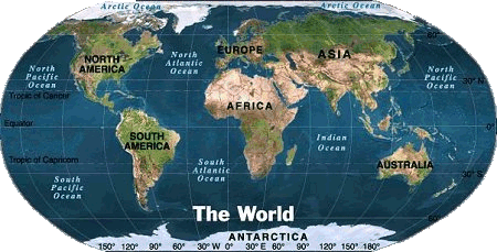 This map of the world is an imagemap. There are six areas to click on: North America, South America, Europe, Africa, Asia, and Oceania. Each will take you to the dolls that represent those areas.