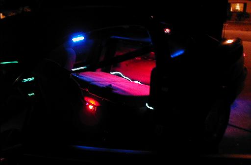Seat down, trunk and doors open just showing off the Hot Wirez and neons.