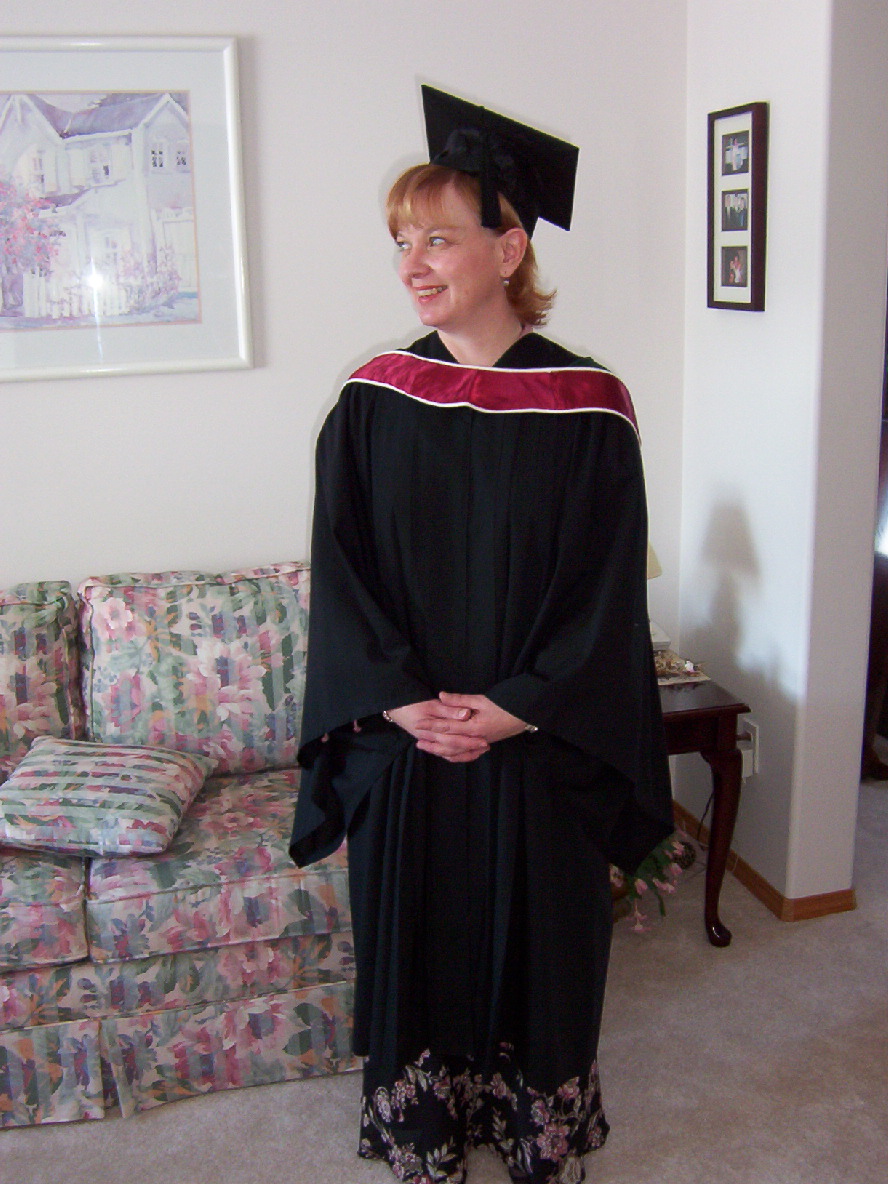 Donna in her graduation gown, before the ceremony,at Carolyn and Gerry's home.