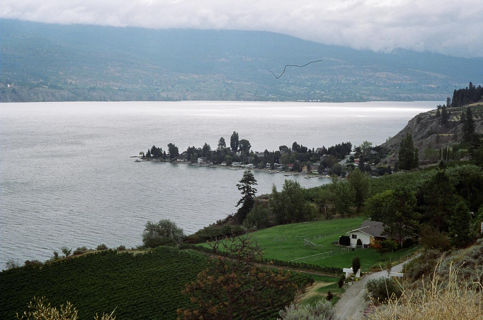 Okanagan Lake with cottages along a penninsula, just before Peachland ,Sept.2005.