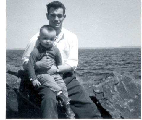Rob 2 years old and Dad, Chippewa breakwall, Chippewa Park, Thunder Bay 1964