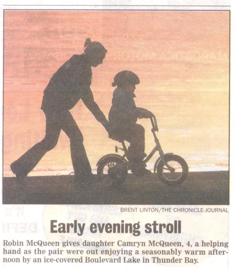 My grandaughter, Robin McQueen(left), with her daughter Camryn learning to ride a bike at Boulevard Lake Nov. 2004