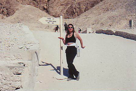 Donna, walking like an Egyptian, in front of King Tut's Tomb in the Valley of the Kings near Luxor, Egypt