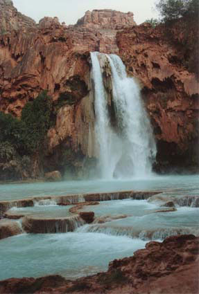 Havasu Falls, the most photographed of all the Havasupai Indian Reservation waterfalls, is a mere quarter mile from the hikers' campground and provides soothing relief from the grueling hike through the canyon.  The travertine pools shown in the front of the photo are formed when the lime, or travertine, deposits in the water form damlike structures which create natural jacuzzis.  Most of these pools were decimated by a huge flood which raged through Supai in 1993.