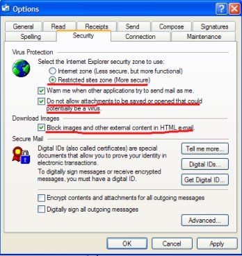 Outlook Express options screen.