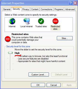 IE Explorer Security panel