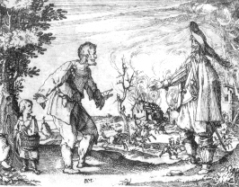 Der ausgeplnderte Bauer und der Offizier. Zeichnung von Callot, um 1592-1635.
