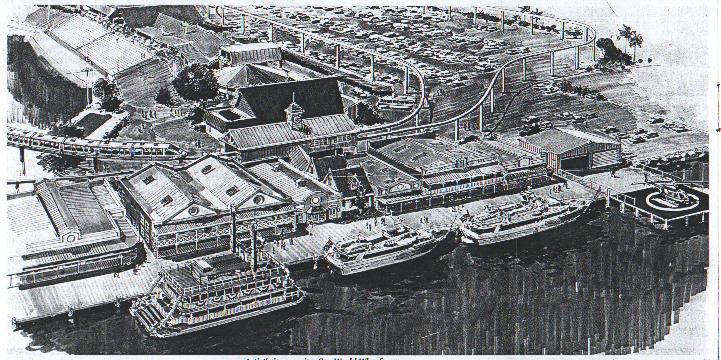 Artists impression of the Seaworld Wharf in 1985, which also includes a very strange monorail layout