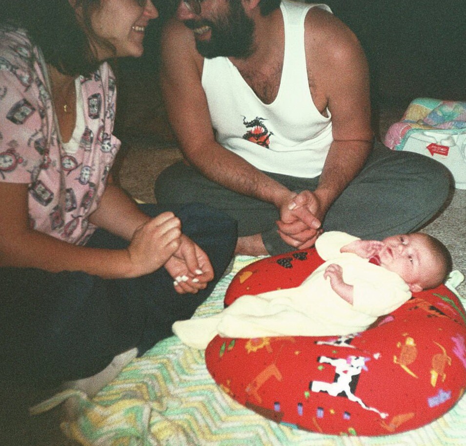 mama kelly and papa d with baby maggie, photo by julian, at home, december, 2000