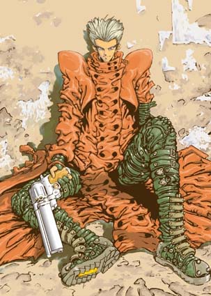 Vash sitting on the sandy ground.