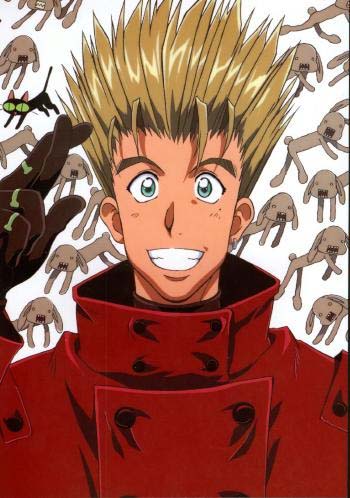 Vash with his fingers crossed and animals behind him.