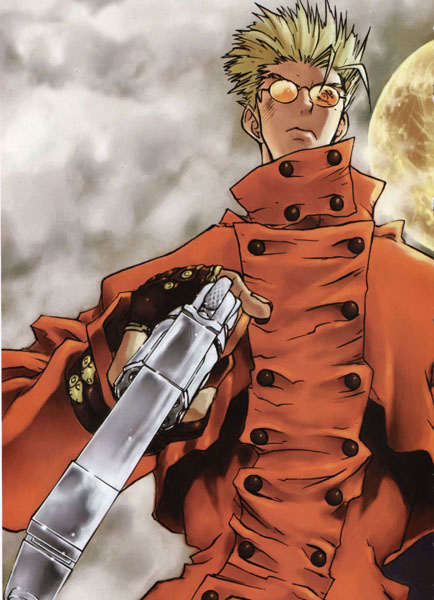 Vash with his glasses on and holding his gun.