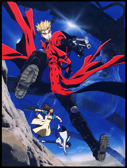 Vash in the air with Milly and Meryl running behind him.
