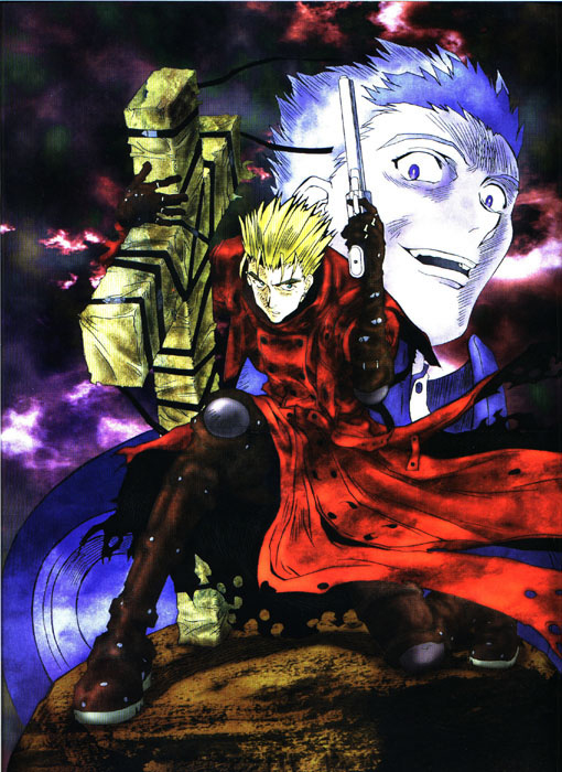 Vash on guard with Knives' face behind him.