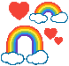 two flexing rainbows and three bouncing hearts