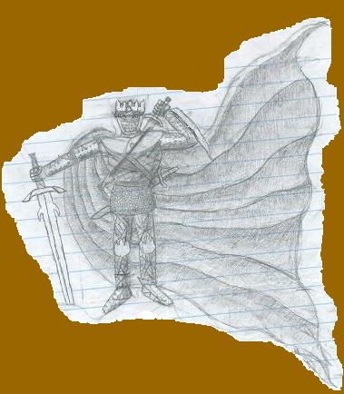 this is a pic from before my dry spell, it's from a lengend i made up fo my book, i think it turned out well, especally the sword and cape, the shadeing on the cape is awesome ^_^