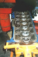 Upside down Hemi 6 engine showing the main bearings
