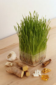 Wheat grass, garlic, ginger, calcium, vitamin E